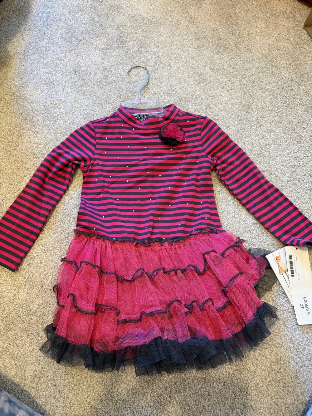 NWT Kate Mack Stripe Tutu Dress 2T Hot Pink Black Tulle Rhinestone Party Fall